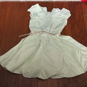 GB girls dress in green and gold brocade pattern